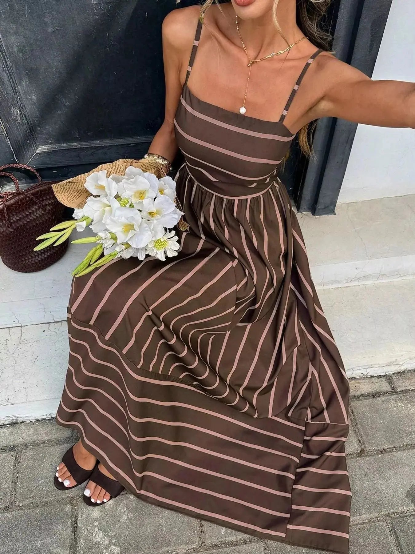 Cutout Back Striped Maxi Dress Trendsi