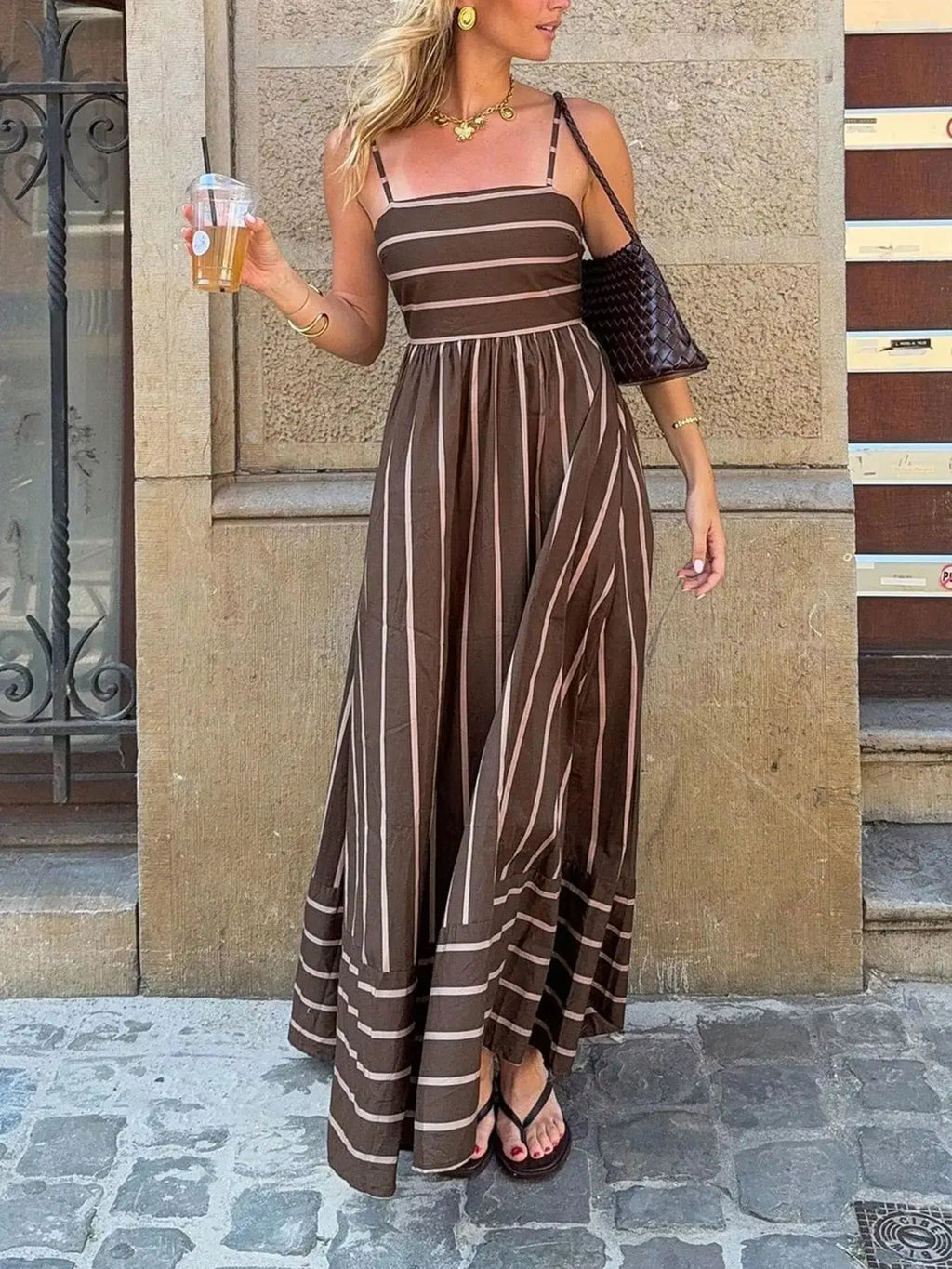 Cutout Back Striped Maxi Dress Trendsi