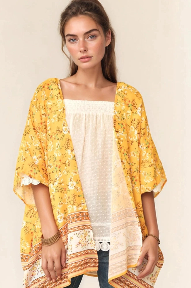 Davi & Dani Floral Printed Short Sleeve Loose Fit Kimono Cover Up - Salty Season LLC