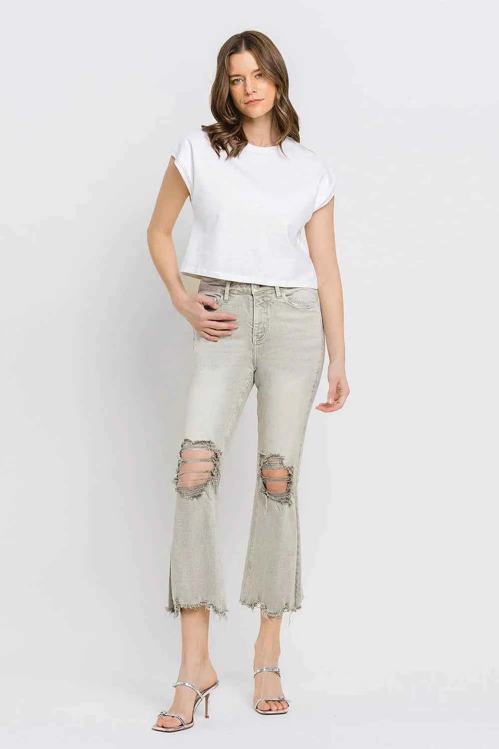 Distressed Raw Hem Cropped Flare Jeans