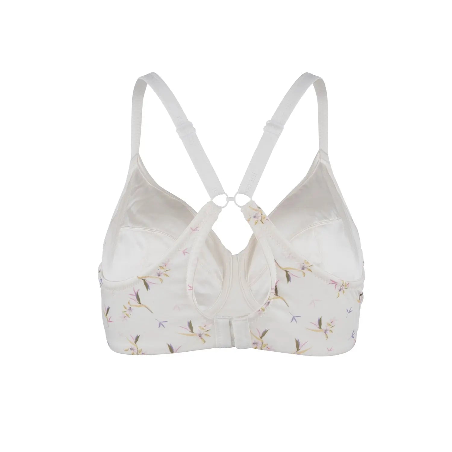 Front view white ditsy floral wireless bra with adjustable straps and seam detail