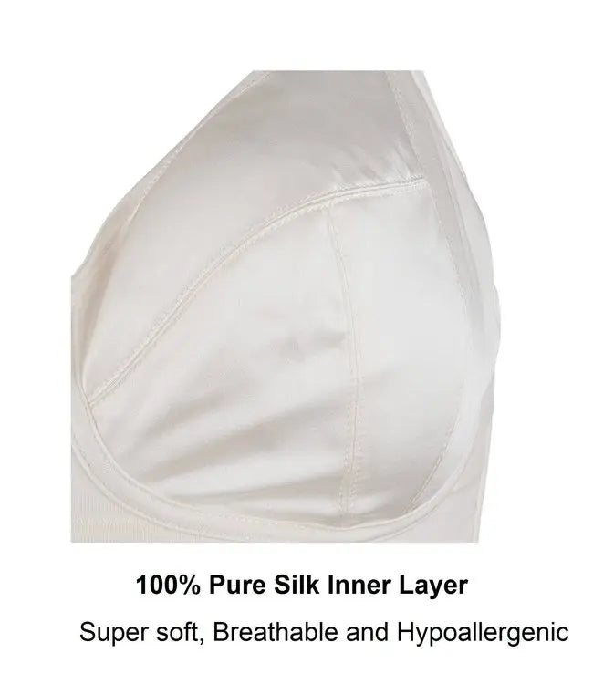 Close-up of 100% pure silk inner lining in white ditsy floral wireless bra