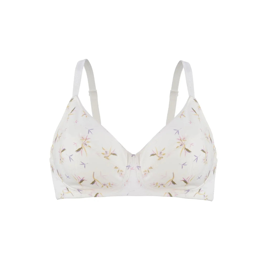 White seamless wireless bra with ditsy floral print and straight shoulder straps