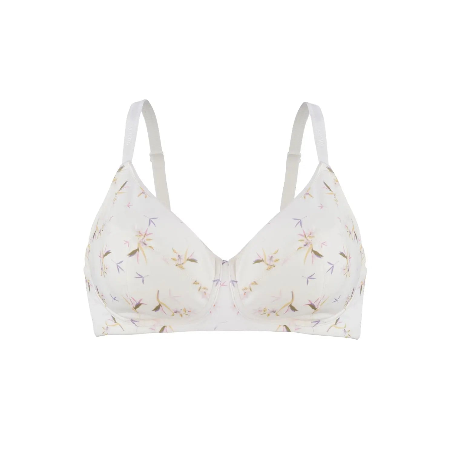 White seamless wireless bra with ditsy floral print and straight shoulder straps