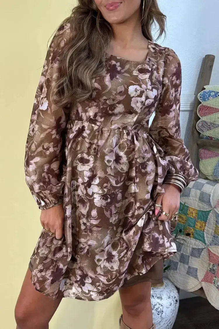 Abstract Floral Print Square Neck Long Sleeve Mini Shift Dress Trendsi