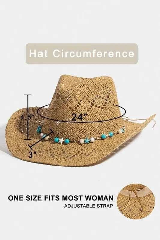 Fame Turquoise and Shell Star Beads Strap Western Straw Hat