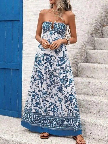full length strapless floral maxi dress with keyhole front
