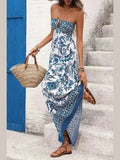 strapless floral maxi dress with keyhole bodice and blue hem