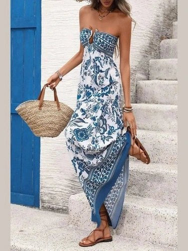 strapless floral maxi dress with keyhole bodice and blue hem