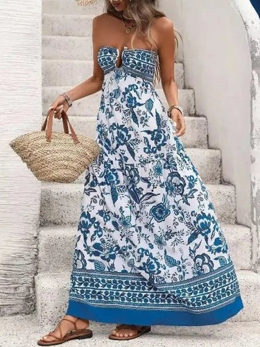 strapless floral maxi dress full length with woven tote bag