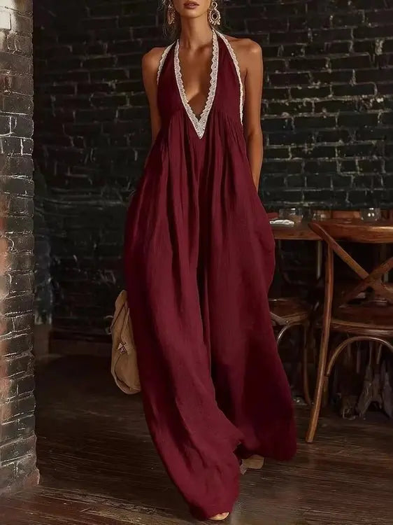 Burgundy halter jumpsuit with wide legs and delicate lace edge