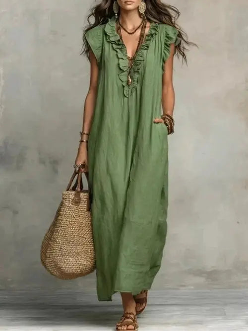 Green plus size ruffled V-neck cap sleeve maxi dress pocket detail