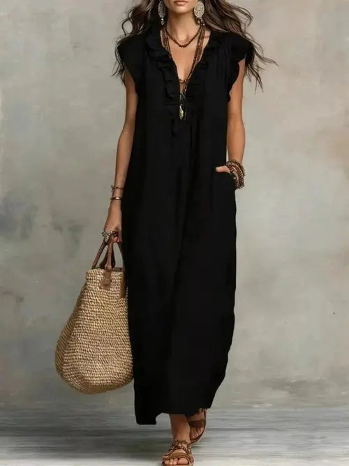 Black full-size ruffled V-neck cap sleeve maxi dress with side pockets