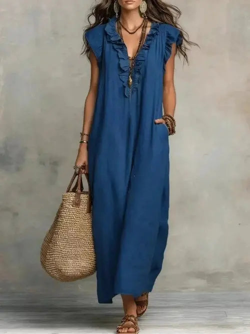 Blue plus size ruffled V-neck cap sleeve maxi dress with pockets
