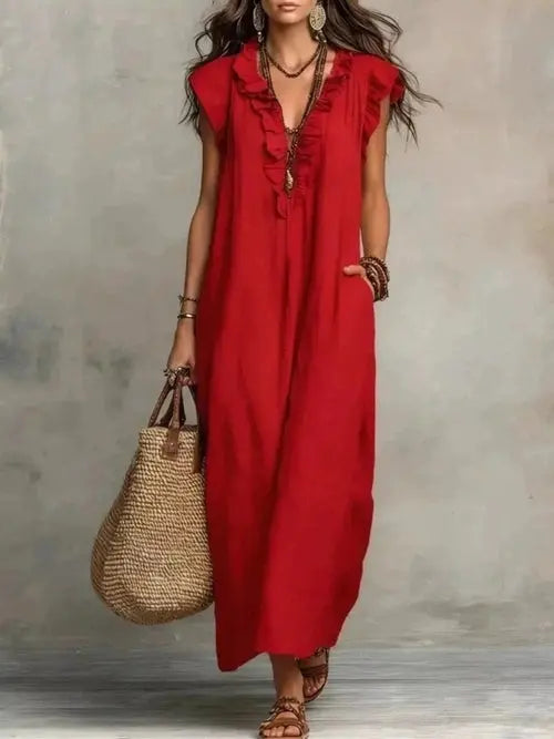 Red plus size ruffled V-neck cap sleeve maxi dress with pockets