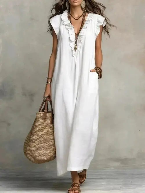 White full-size ruffled V-neck cap sleeve maxi dress with pockets