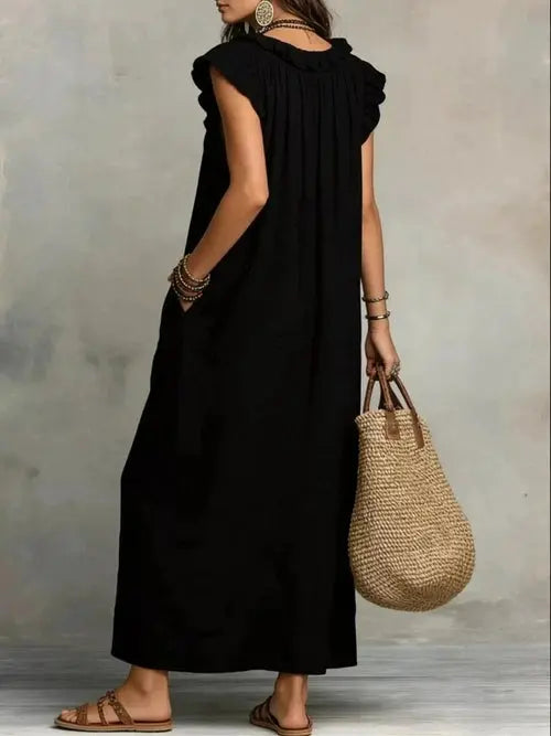 Black plus size ruffled V-neck cap sleeve maxi dress back view