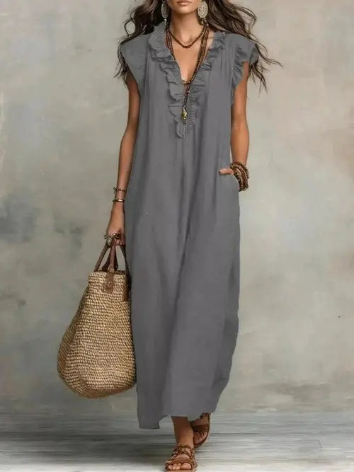 Gray full-size ruffled V-neck cap sleeve maxi dress with side pockets