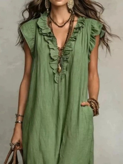 Green full-size ruffled V-neck cap sleeve maxi dress with side pockets