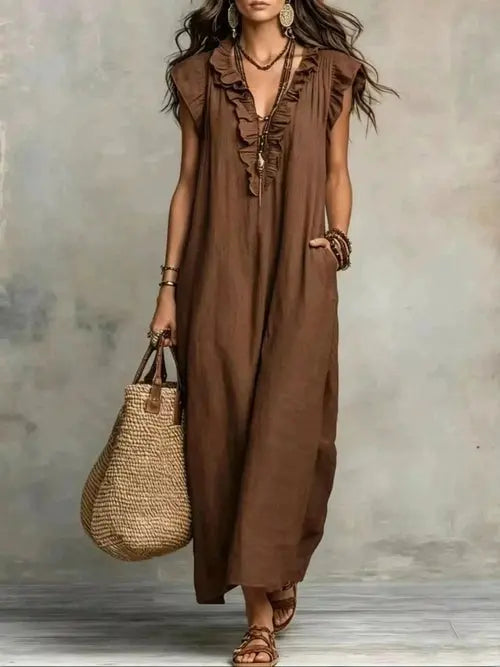Brown plus size ruffled V-neck cap sleeve maxi dress with pockets