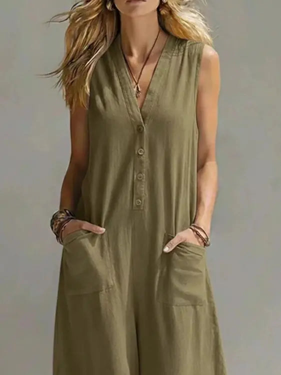 Olive green plus size V-neck sleeveless wide-leg jumpsuit with relaxed fit and pockets