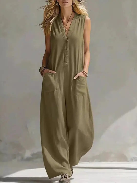 Olive green V-neck sleeveless wide-leg jumpsuit with light buttons and breathable fabric