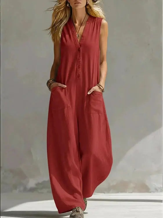 Rust red plus size V-neck sleeveless wide-leg jumpsuit with button placket and pockets