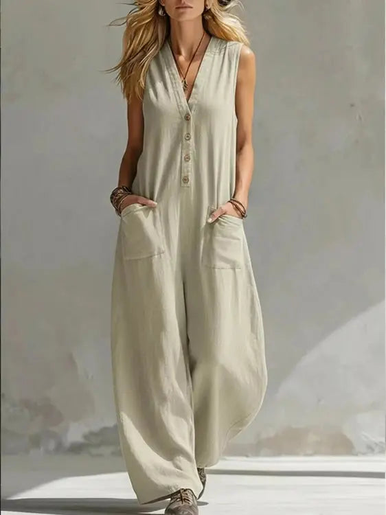 Light olive green plus size V-neck sleeveless wide-leg jumpsuit with front buttons