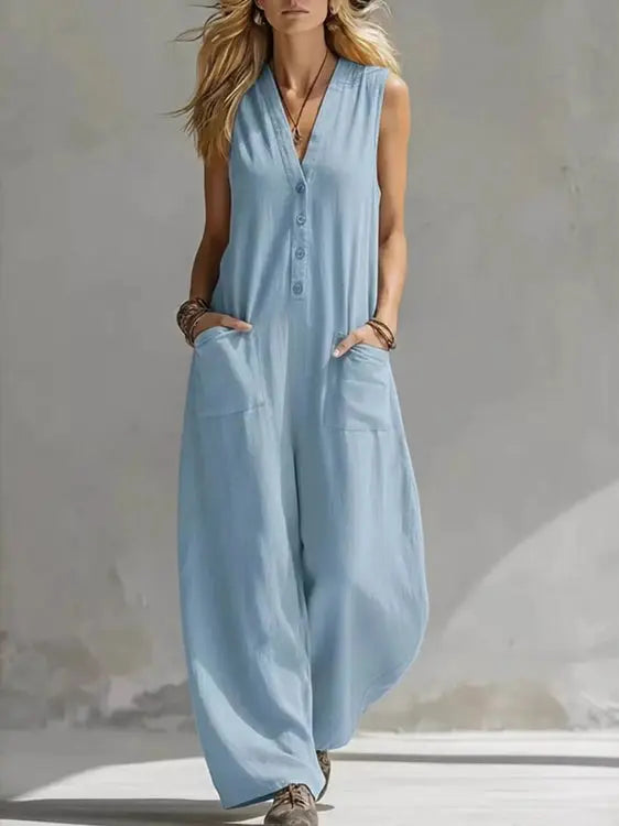 Light blue plus size V-neck sleeveless wide-leg jumpsuit with button closure and pockets