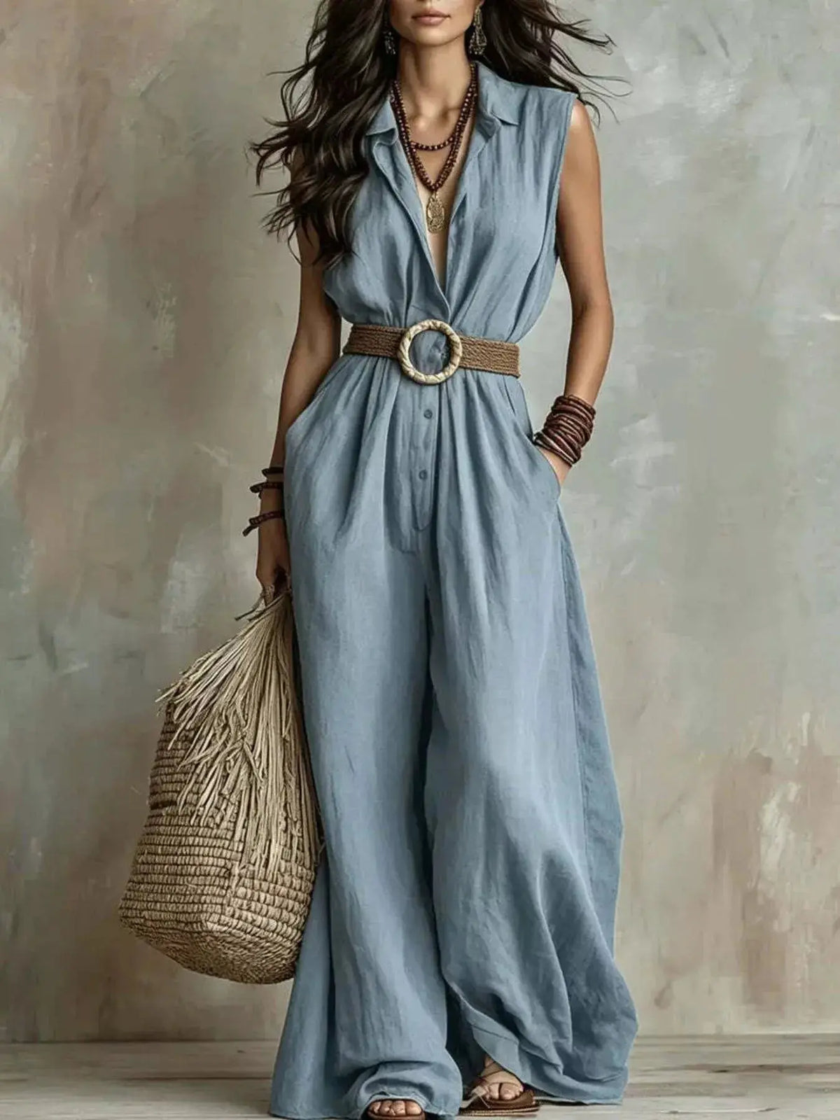 A woman models a sleeveless, wide-leg jumpsuit in a dusty light blue color, styled with a brown woven belt featuring a round wooden buckle. She is holding a large straw tote bag and wearing layered necklaces and bracelets, set against a textured, neutral-toned studio backdrop.