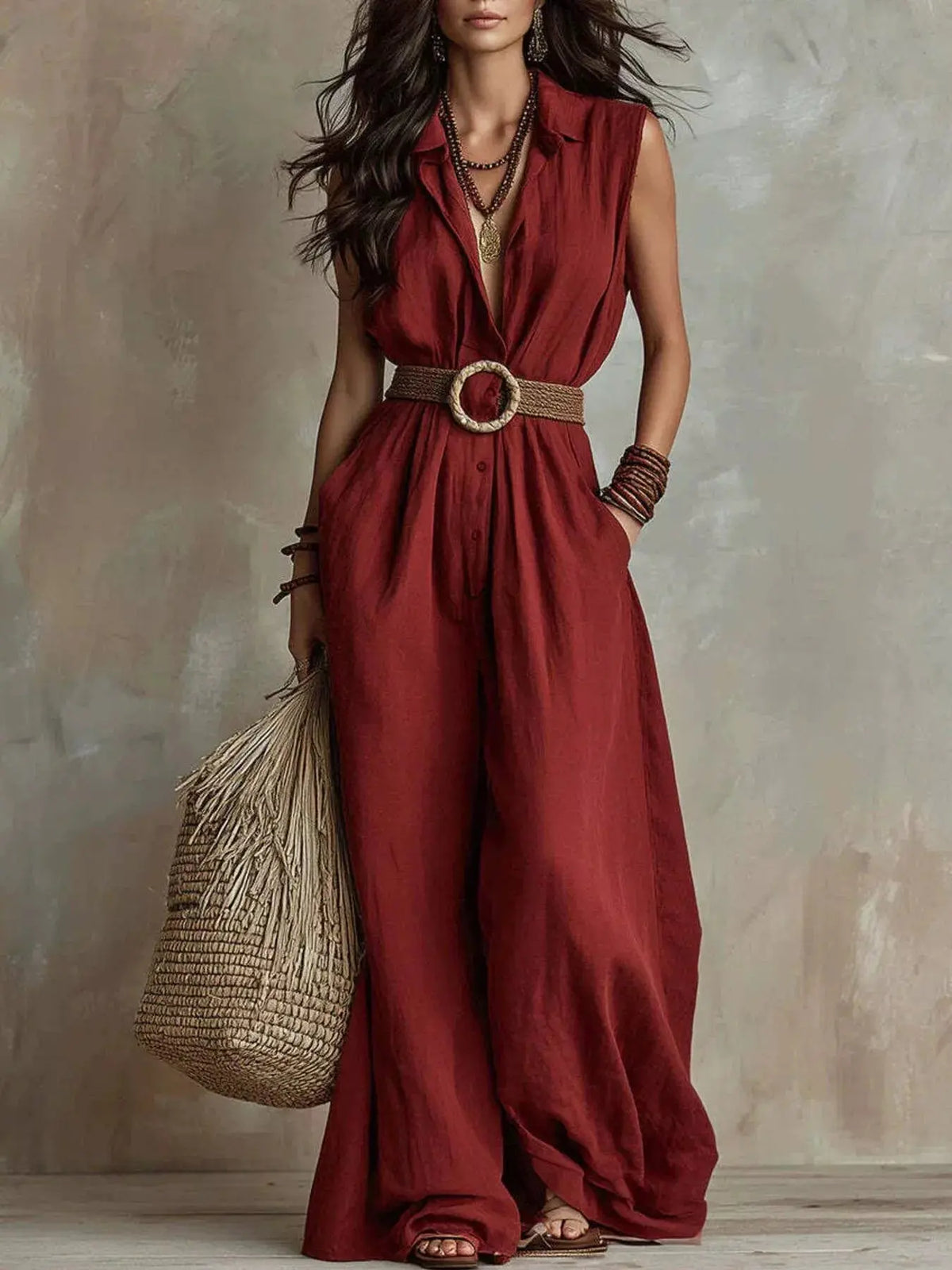 A woman models a sleeveless, deep red wide-leg jumpsuit with a brown woven belt featuring a large round buckle. She is holding a large straw tote bag against a textured, neutral-toned studio backdrop.
