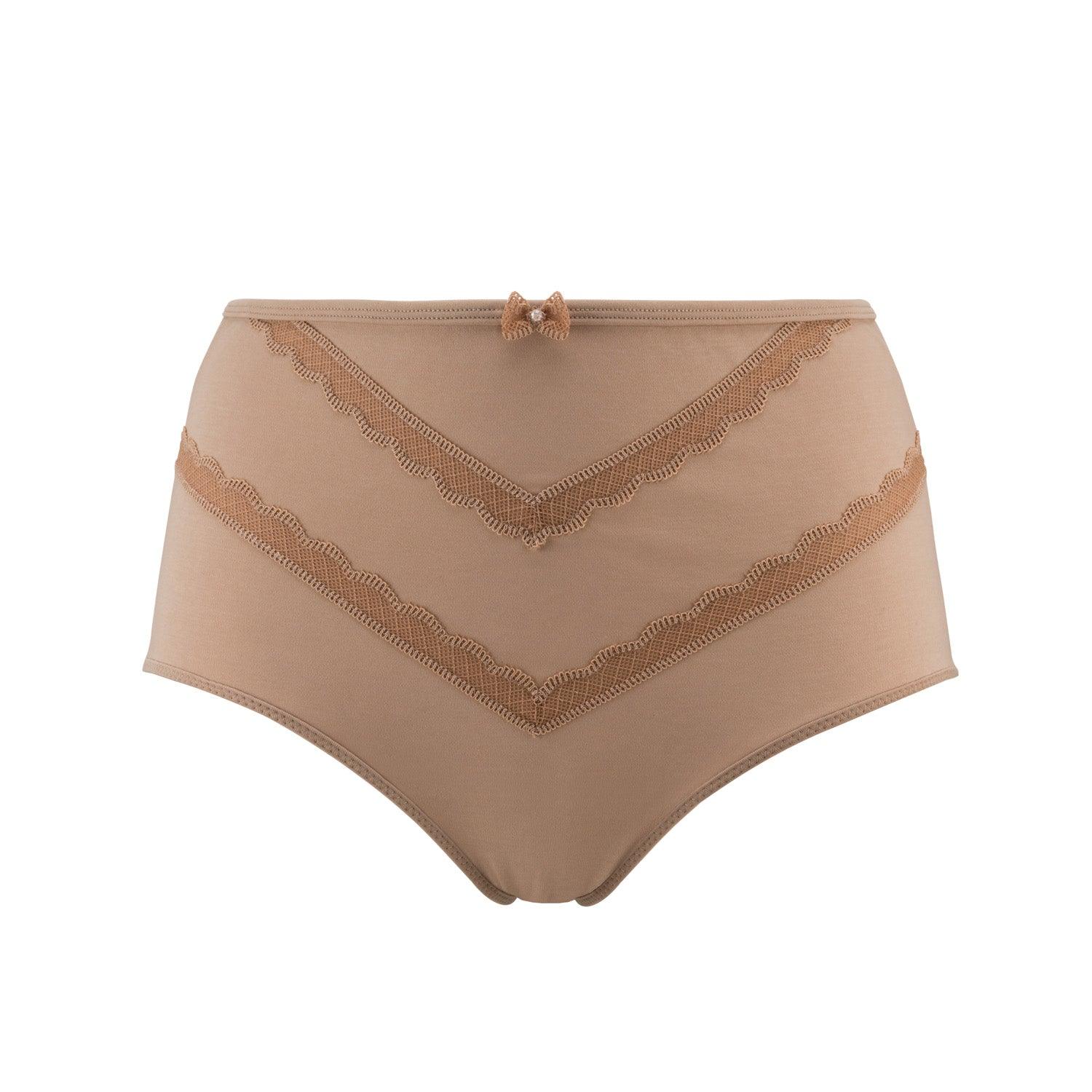 Beige high-waisted underwear with lace details on a white background