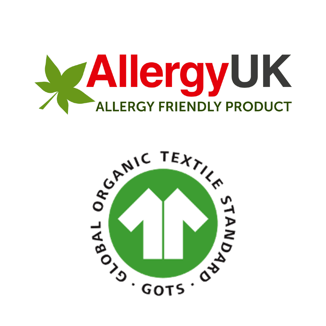 Allergy UK logo with a green leaf and text on a blue background, featuring the Global Organic Textile Standard (GOTS) certification.