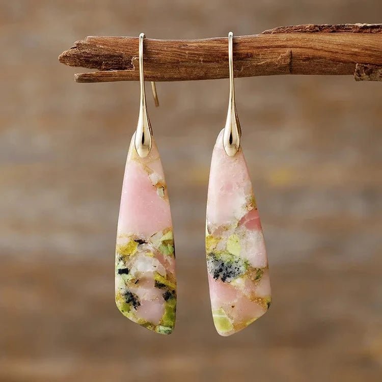 Matte pink mineral dangle earrings with green flecks and gold hooks