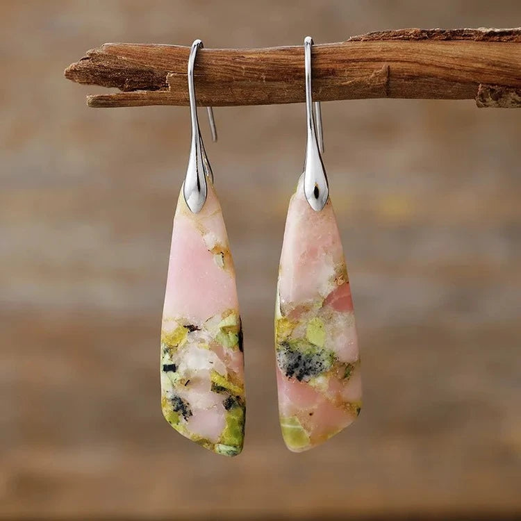 Pink green yellow black natural stone dangle earrings with silver hooks