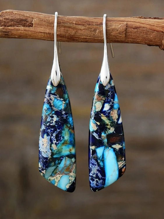 Dark blue veined natural stone dangle earrings with silver hooks