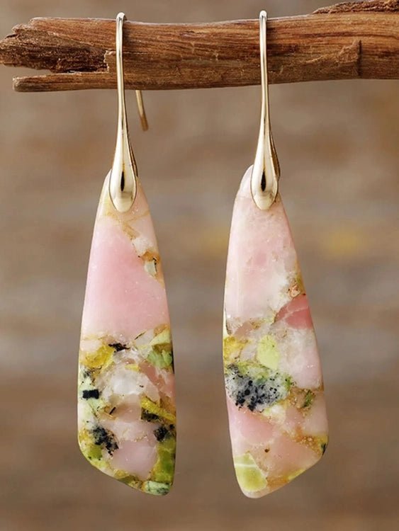 Pink yellow green mineral dangle earrings with gold connectors