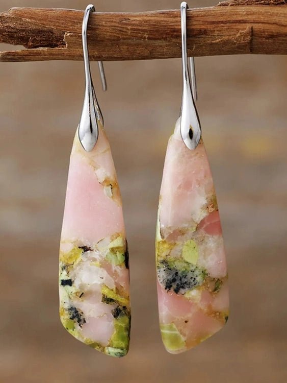 Pink speckled natural stone dangle earrings with silver connectors