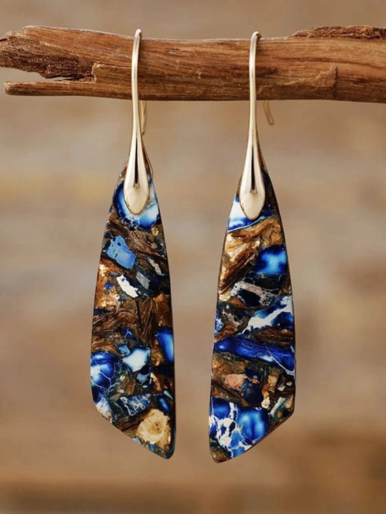 Blue brown golden marbled natural stone dangle earrings with gold hooks