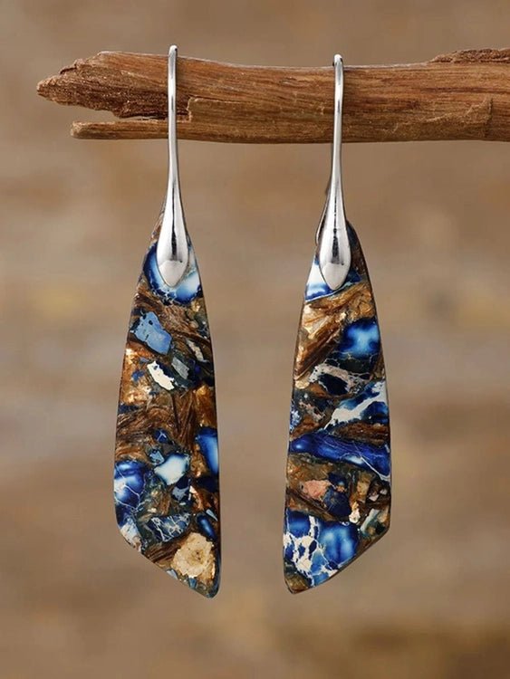 Blue white brown layered natural stone dangle earrings with silver hooks