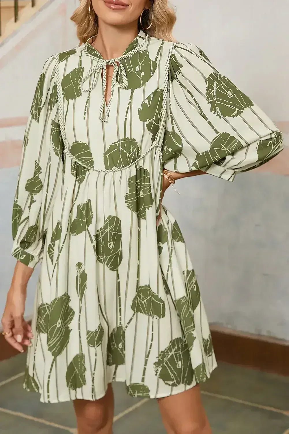 Guacamole Green Abstract Print Striped V-Neck Mini Dress - Salty Season LLC