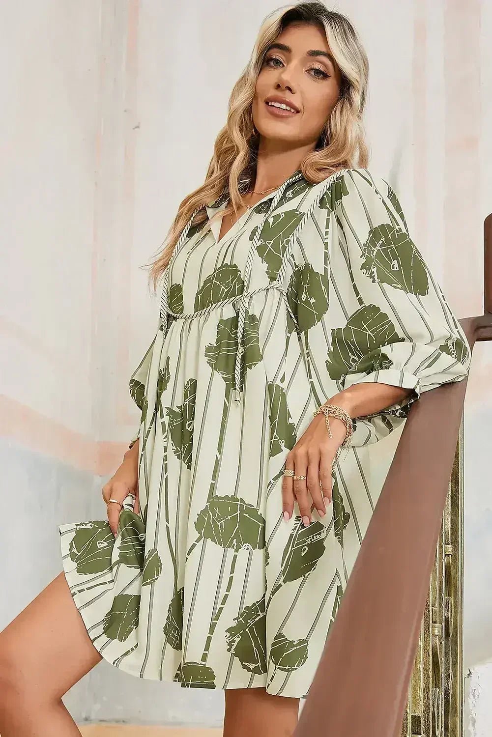 Guacamole Green Abstract Print Striped V-Neck Mini Dress - Salty Season LLC