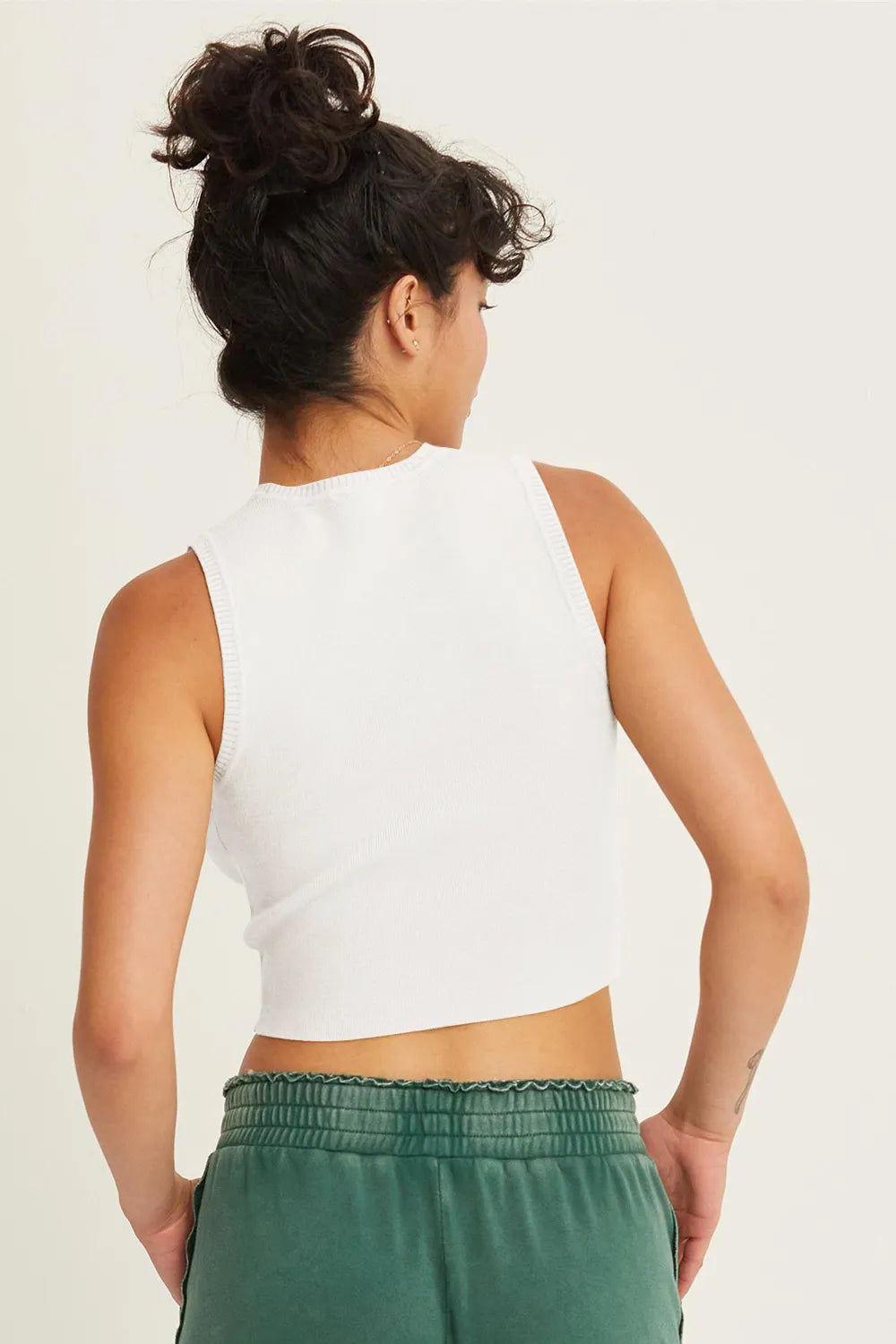 White ribbed knit cropped tank top back view with straight hemline