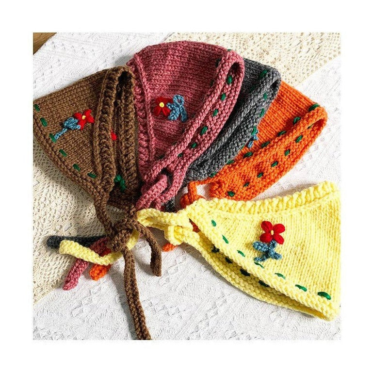 Bohemian crochet headband set in brown pink gray orange yellow with embroidered flower detail