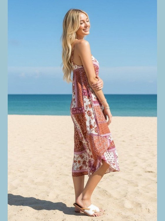 Woman wearing a patterned jumpsuit standing on the sand at a beach with blue skies