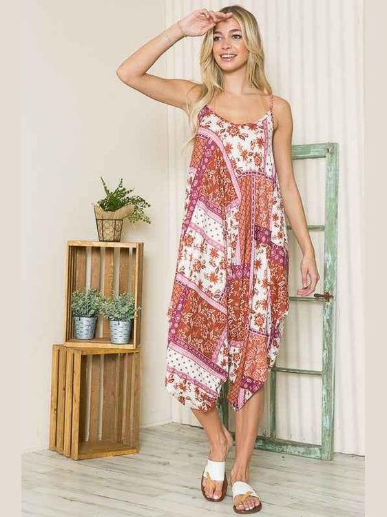 boho jumpsuit on blonde with white sandals