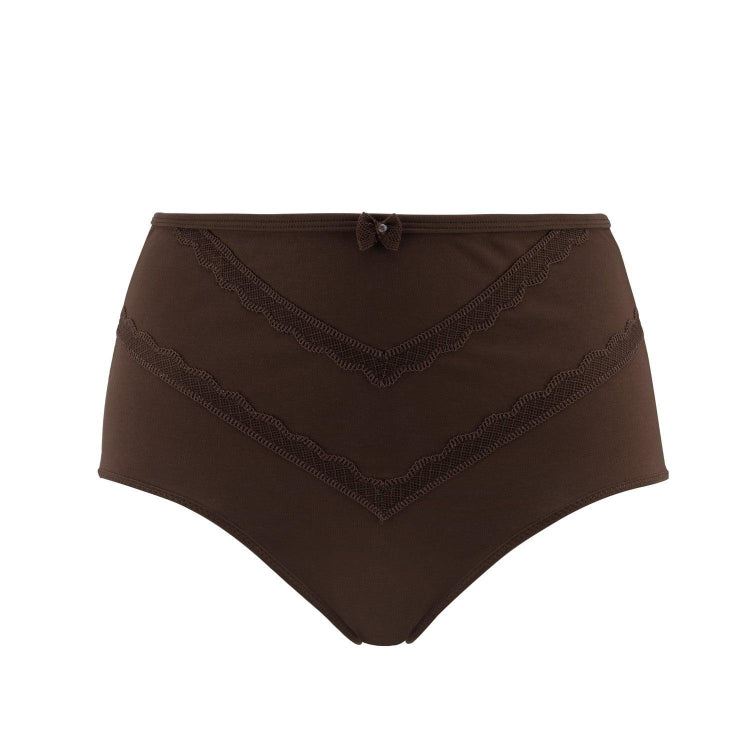 Brown high-waisted underwear with lace details on a white background