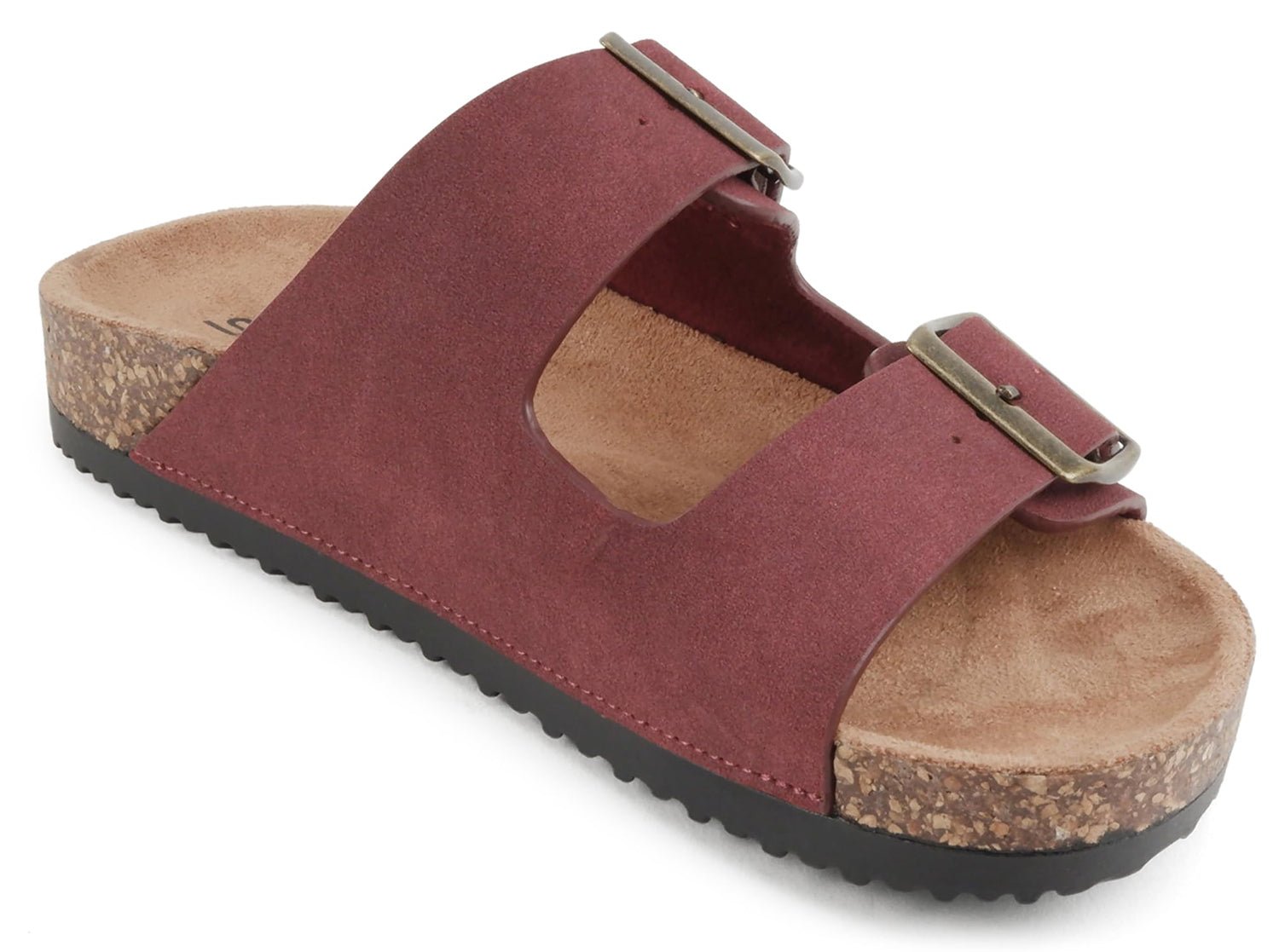 Maroon sandal with cork sole on a white background
