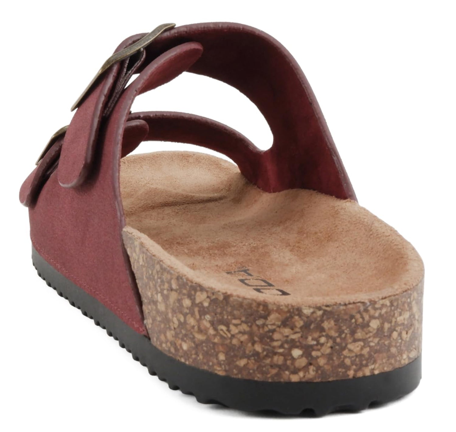Maroon sandal with cork sole on a white background