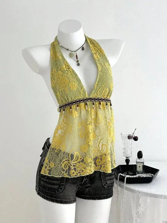 Yellow green floral lace halter cami with deep V-neck and beaded waist
